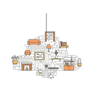 Vector thin line art living room poster banner template Stock Illustration