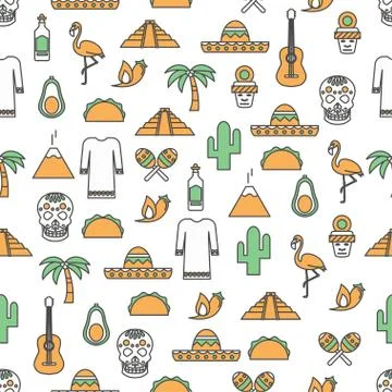 Vector thin line art mexico seamless pattern 스톡 일러스트