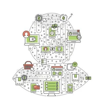 Vector thin line art mobile banking poster banner Stock Illustration