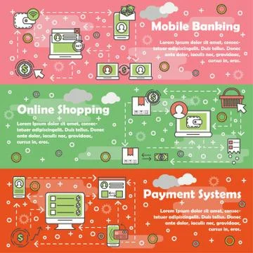 Vector thin line art mobile banking web banner set Stock Illustration