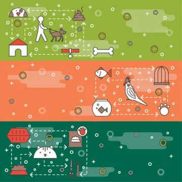 Vector thin line art pets web banner template set Illustrazione stock