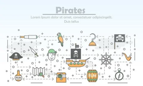 Vector thin line art pirates poster banner template Stock Illustration