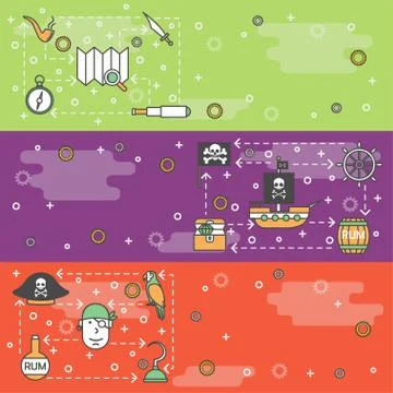 Vector thin line art pirates web banner template set Illustrazione stock