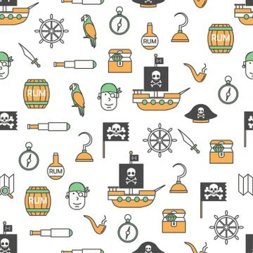 Vector thin line art pirates seamless pattern Illustrazione stock