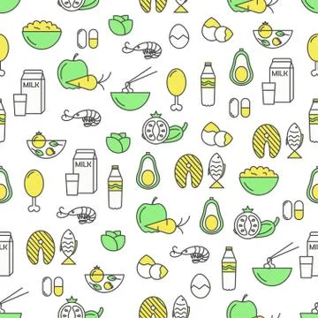 Vector thin line art proper food seamless pattern Illustrazione stock