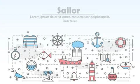 Vector thin line art sailor poster banner template Stock Illustration