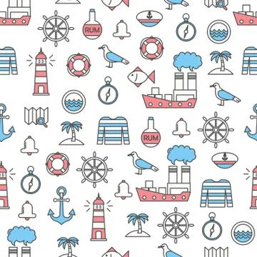 Vector thin line art sailor seamless pattern Stock Illustration