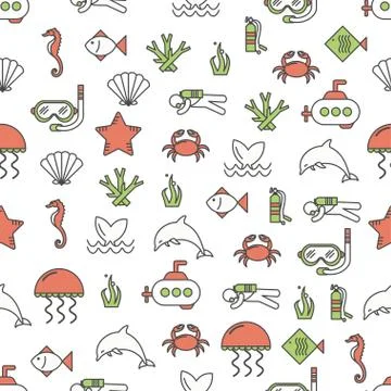Vector thin line art sea world seamless pattern Stock Illustration