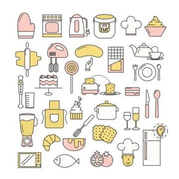 Vector thin line art style design kitchen icon set Stockillustratie