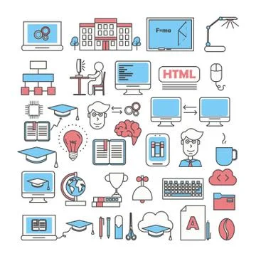 Vector thin line art style design study icon set 库存插图