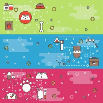 Vector thin line art vet web banner template set Stock Illustration