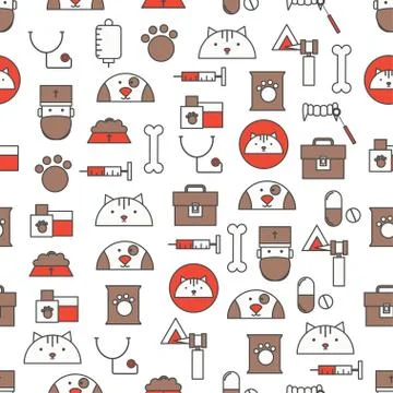 Vector thin line art vet seamless pattern Stock Illustration