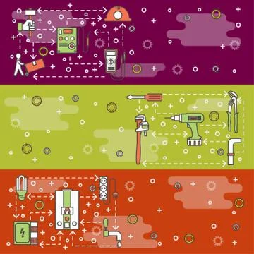 Vector thin line art workers web banner template set Stock Illustration