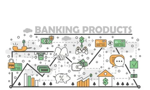 Vector thin line banking products poster banner template Stock Illustration