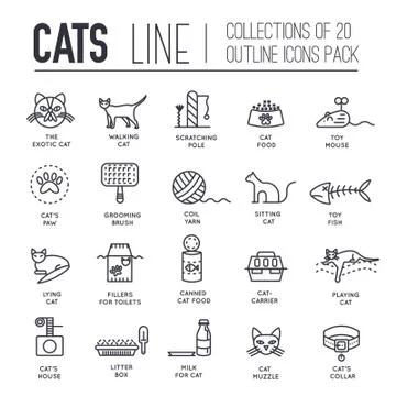Vector thin line breed cats icons set. Cute outline animal illustrations pet Stock Illustration