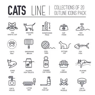 Vector thin line breed cats icons set. Cute outline animal illustrations pet Illustrazione stock