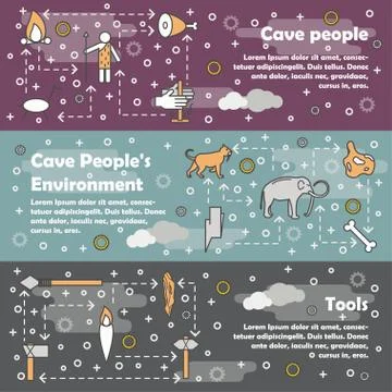 Vector thin line cave people banner template set Stock Illustration