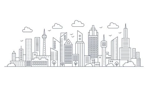 Vector thin line city panorama landscape. Modern architecture urban city with Ilustración de archivo