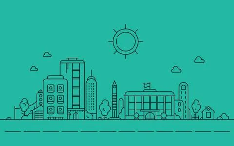 Vector Thin Line City Panorama Landscape. Modern Architecture Urban City With Stock Illustration