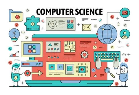 Vector thin line computer science poster banner Stock Illustration