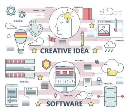 Vector thin line flat creative idea and software concept banners Illustrazione stock
