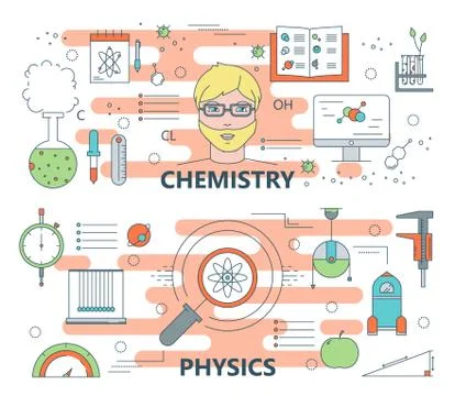 Vector thin line flat design chemistry and physics concept banners Stockillustratie