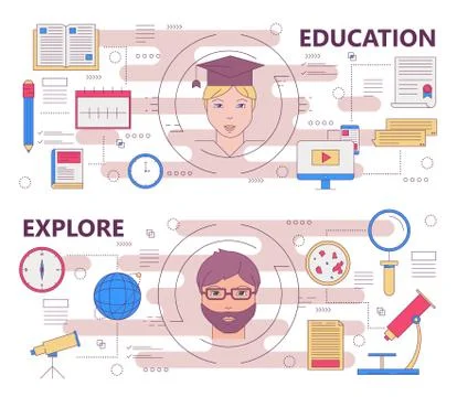 Vector thin line flat design education and explore concept banners Stock Illustration