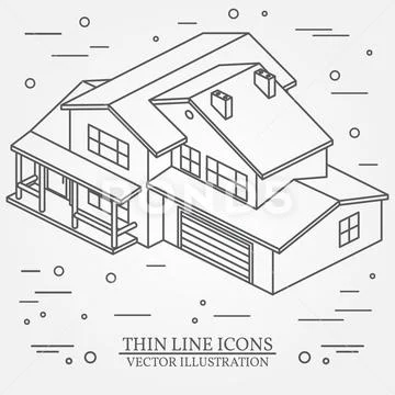 Vector thin line icon isometric suburban american house. For web design and.. Stock Illustration