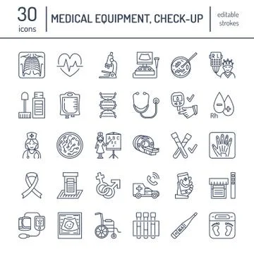 Vector thin line icon of medical equipment, research. Medical check-up, test Stock Illustration