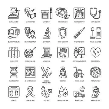 Vector thin line icon of medical equipment, research. Medical check-up, test Stock Illustration