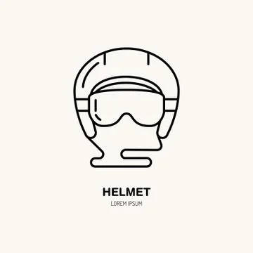 Vector thin line icon of ski helmet. Winter recreation equipment rent logo Illustrazione stock