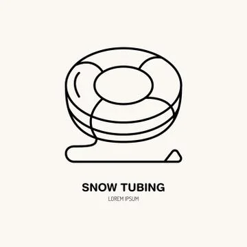 Vector thin line icon of snow tubing. Winter recreation equipment rent logo Stock Illustration
