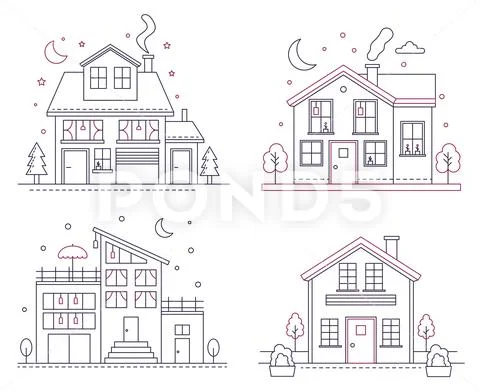 Vector thin line icon suburban american houses. Classic architecture civil Stock Illustration