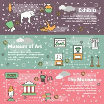 Vector thin line museum web banner template set Stock Illustration