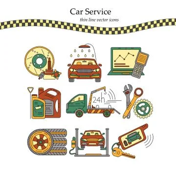 Vector thin line pictogram symbols of car service Stock Illustration