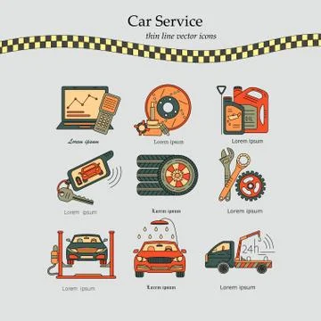 Vector thin line pictogram symbols of car service Stock Illustration