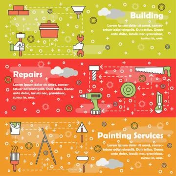 Vector thin line repair web banner template set Stock Illustration