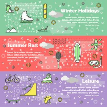 Vector thin line style design leisure banner set Stock Illustration