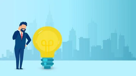 Vector of a thinking business man with light bulb standing on a cityscape bac Stock Illustration