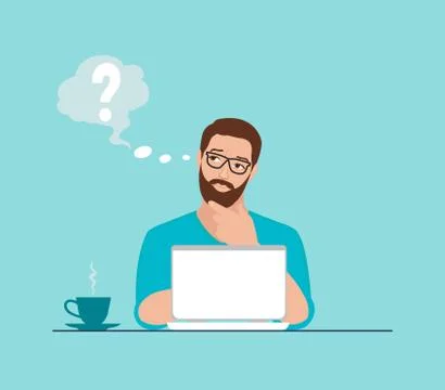 Vector of a thoughtful man working on laptop at workplace having some questio Stock Illustration