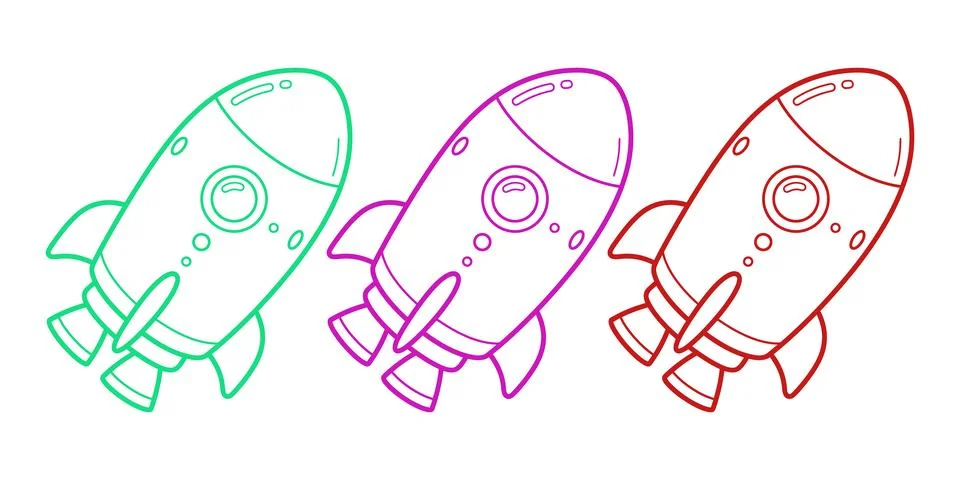 Vector of Three colorful isolated rocket ships illustration Illustration