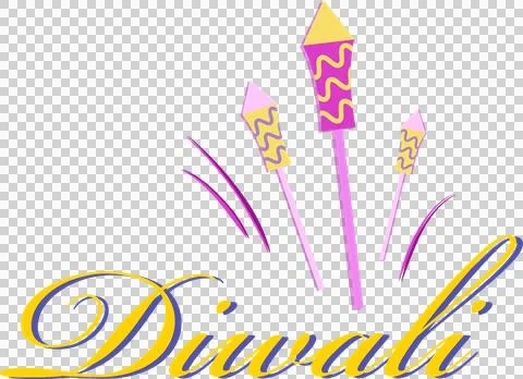 Vector three fireworks rockets are fanning purple lines under Diwali text on Stock Illustration