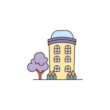 Vector three-storey cartoon house with a blue roof icon. Vector yellow house Stock-Illustration