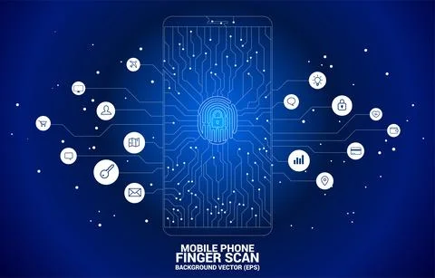 Vector thumbprint and lock pad icon in mobile from dot and line circuit board Stock Illustration