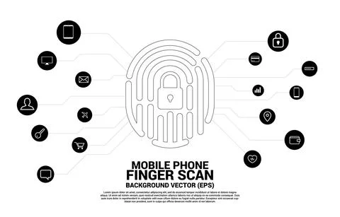 Vector thumbprint icon from dot connect line polygon with lock pad center wit Stock Illustration
