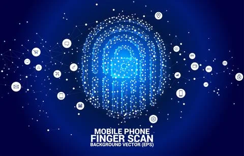 Vector thumbprint icon from dot connect line polygon with lock pad center. ba Stock Illustration