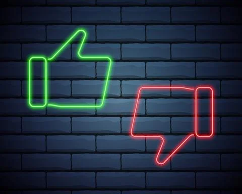 Vector thumbs up and down neon signs on the dark wall background . Like and D Stock Illustration