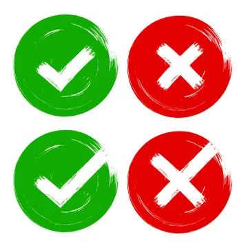 Vector tick and cross brush stroke sign set. Green and red OK, X vote option Stock Illustration