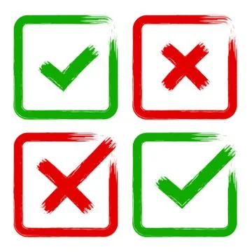 Vector tick cross grunge brush stroke set for no, yes, OK, X. Stock Illustration