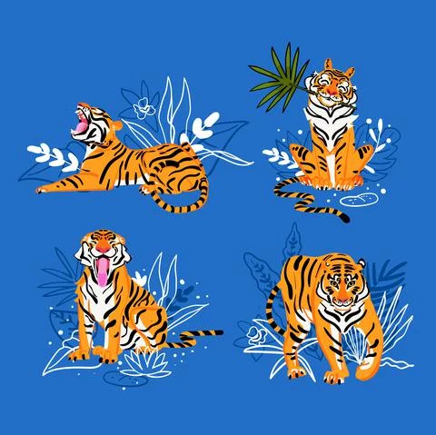 Vector tiger funny set on blue background. Flat design isolated element. Illustrazione stock